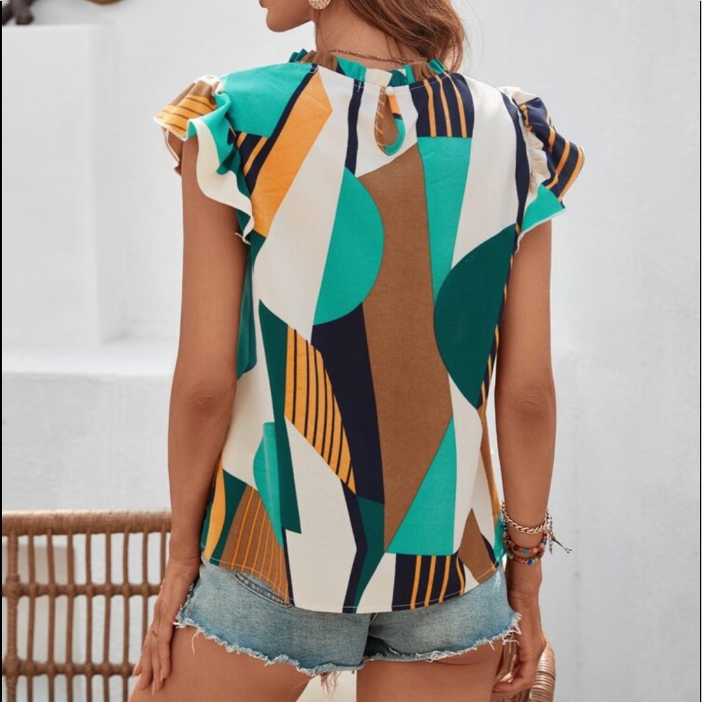 Elegant Classic Green Mock Neck Ruffle Butterfly Top Blouse Shirt - Picture 7 of 16